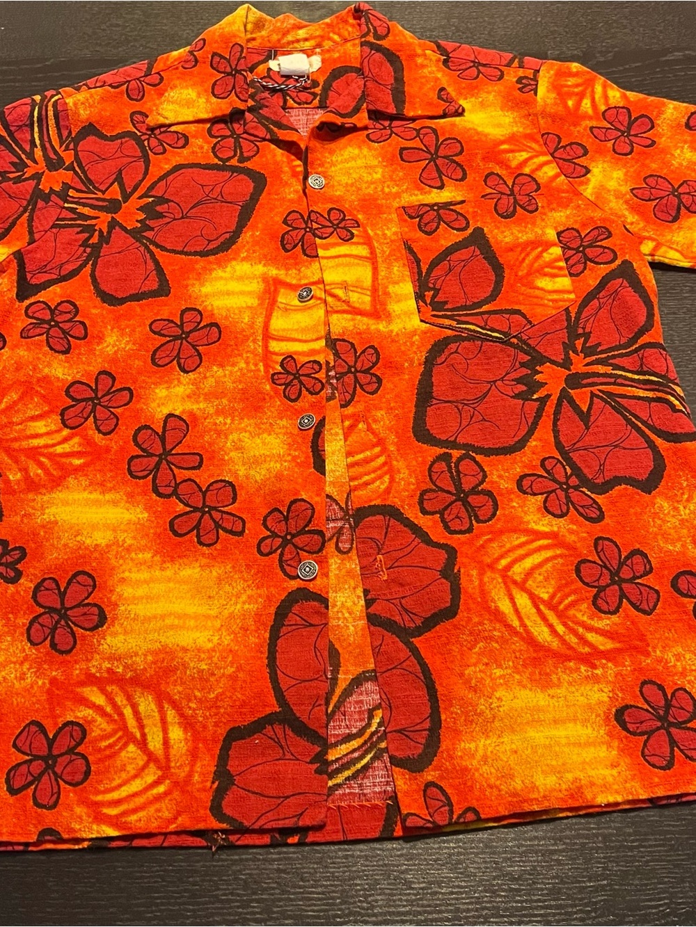 Vintage Men's Orange and Red Hawaiian Button-Down Shirt